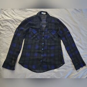 Express Slim Fit Black& Blue Plaid Button-Down Portofino Shirt Women Size XS